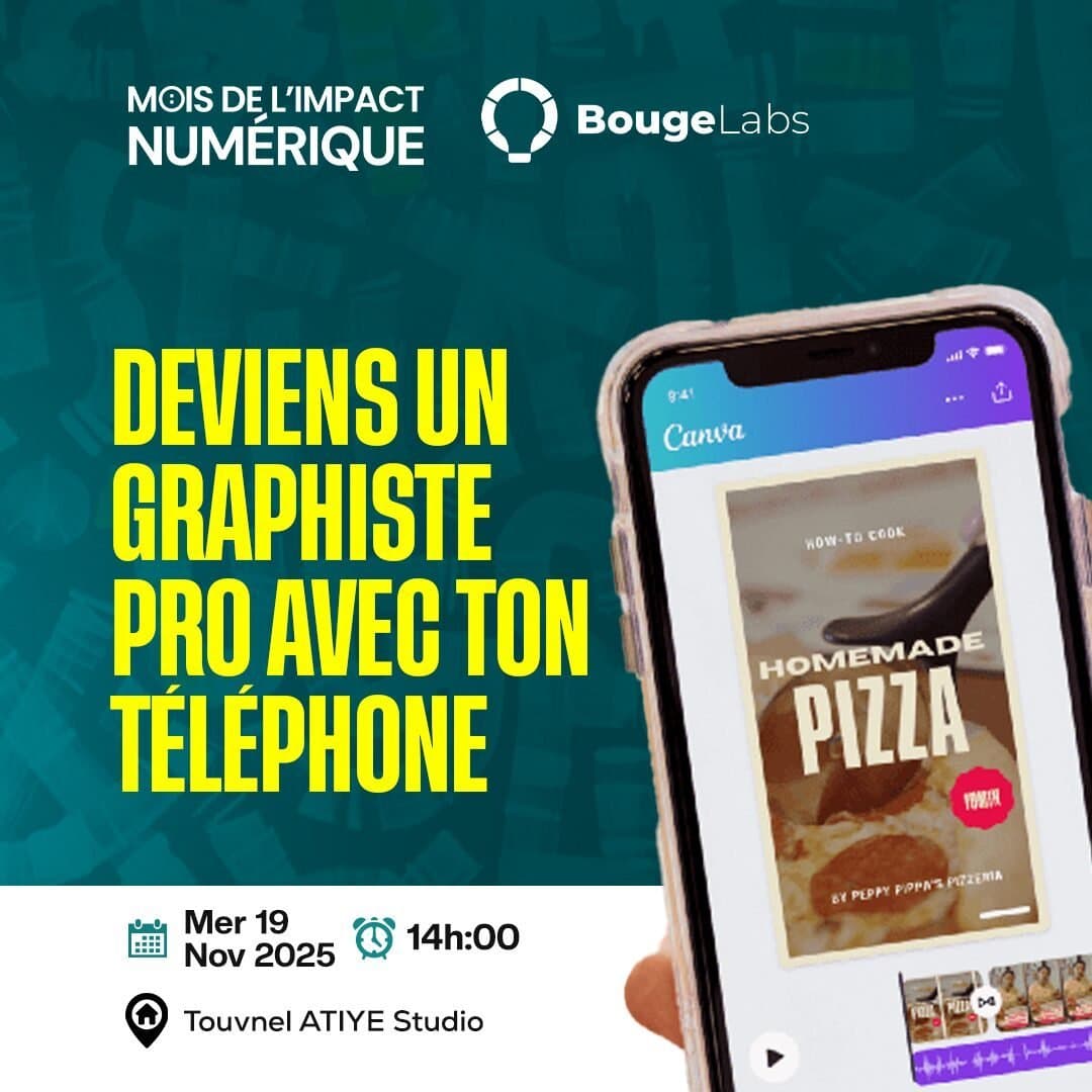 Main tenant un smartphone affichant l'application Canva avec un design de pizza.