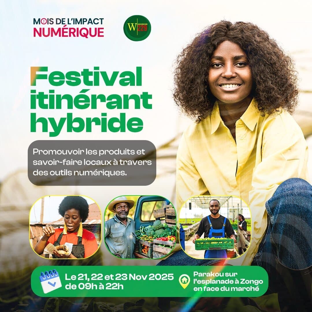 Jeune femme en chemise jaune entourée de photos de producteurs agricoles.