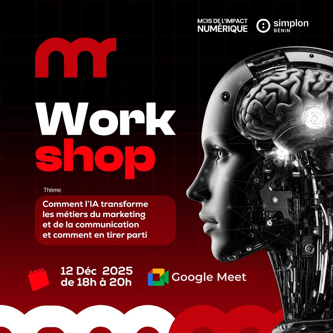 Profil d'une tête de robot humanoïde laissant apparaître un cerveau, fond rouge et noir.